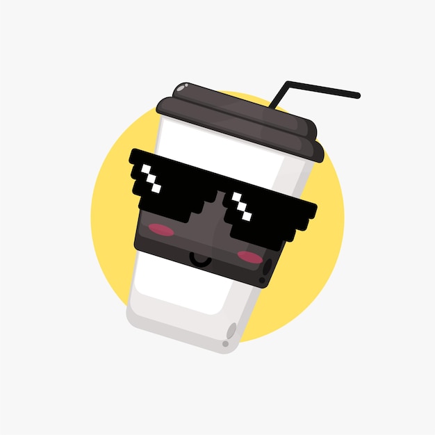 Xícara de café fofa usando óculos de pixel