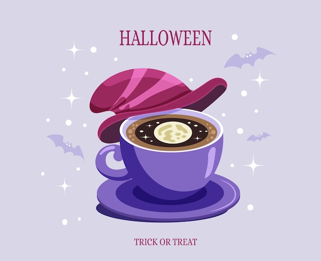 Xícara de café ou chá de Halloween com reflexo da lua do chapéu de bruxa e morcegos Design simples de férias