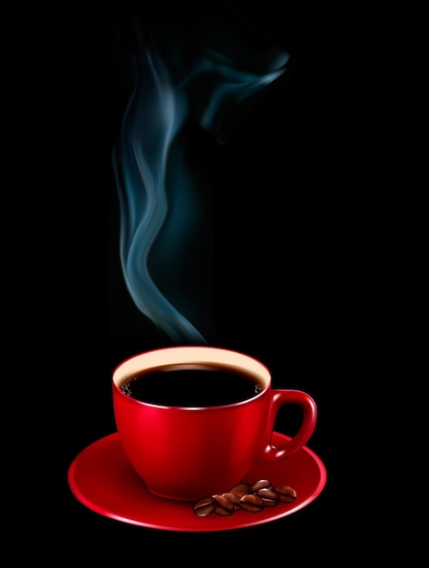 xícara de café vermelha com vapor.