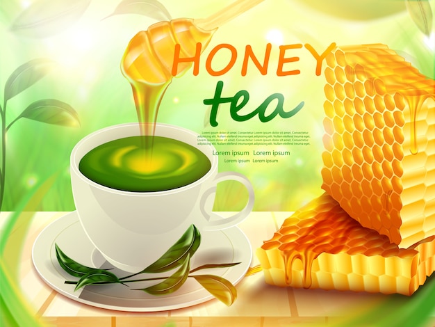 Xícara de chá e favo de mel com mel no cartaz do produto para piso de madeira