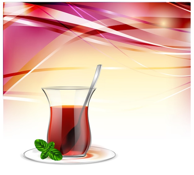 Xícara de chá turca com colher de prata de chá preto e hortelã em fundo de ondas vermelhas ilustração de chá para publicidade