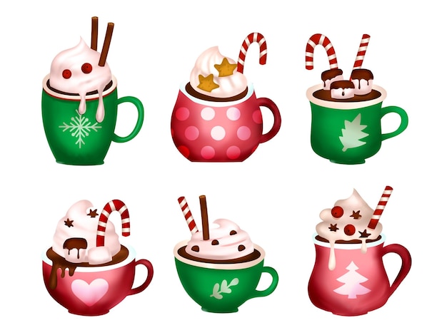 Xícara de chocolate quente Café de Natal 3d desenho vetorial conjunto de bebidas com leite