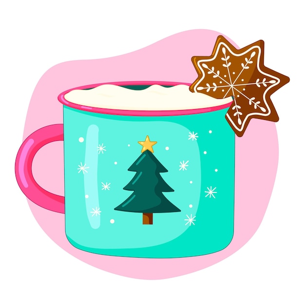 Vetor xícara de chocolate quente de inverno com árvore de natal, marshmallow e biscoito de gengibre.
