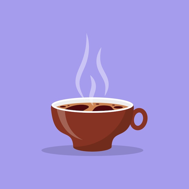 Xícara marrom de café fresco em caneca de cerâmica estilo desenho animado com vapor de aroma de café expresso com bebida quente