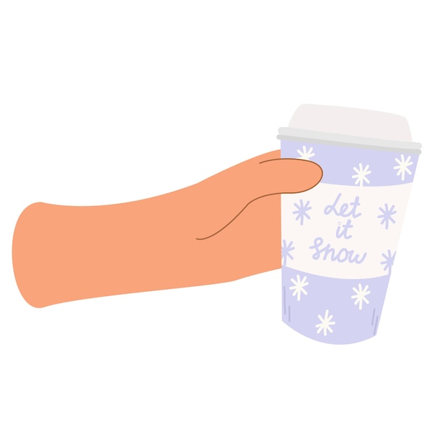 Vetor xícaras de café com floco de neve isolado em fundo brancomão segurando uma xícara de café com desenho de natal