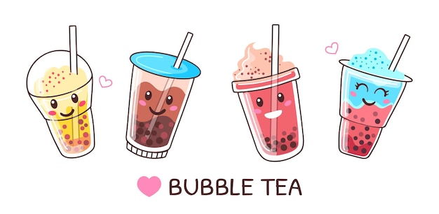 Xícaras de chá de leite bolha com rostos fofos personagens de bebida boba Bebidas de leite pérola com pérolas de tapioca conjunto de vetores de smoothie boba de verão frio