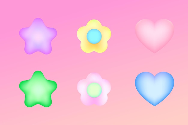 Vetor y2k conjunto geométrico flor estrela coração formas formas de desfoque de cores figuras minimalistas da moda modernas elementos de vetor de estilo psicodélico groovy eps