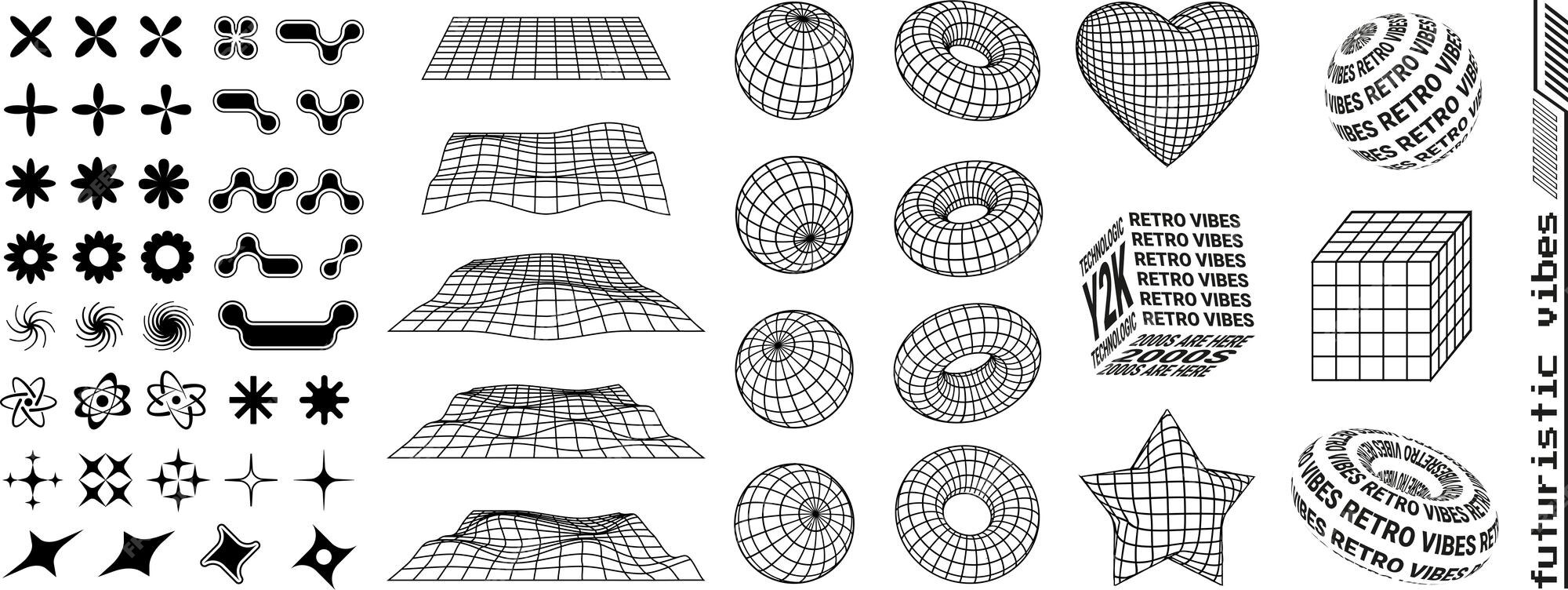 Y2k formas da moda e figuras geométricas vetoriais 3d símbolos milenares  sinais e ícones