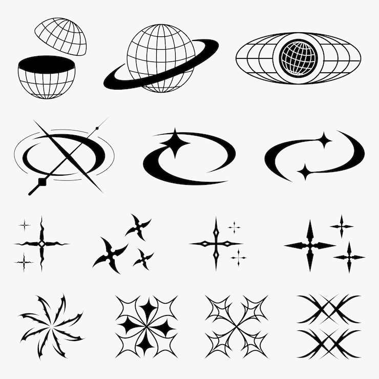 Vetor y2k globos tribais estrelas formas em estilo retro futurista para design de roupas