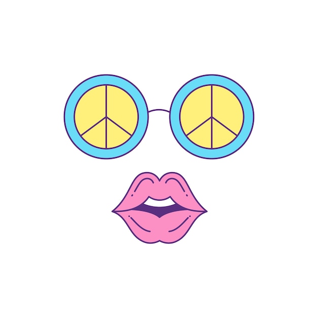 Vetor y2k óculos de sol hippie com lábios rosa mulher cômico adesivo de moda estilo groovy ícone vetor ilustração plana óculos de moda vintage com boca feminina paz e amor elemento de desenho animado impressão de camiseta