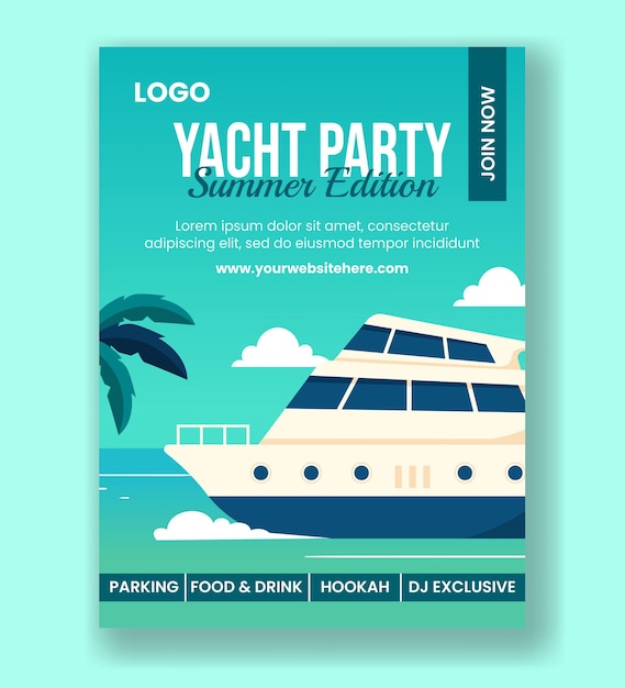 Vetor yachts party vertical poster flat cartoon templates desenhados à mão ilustração de fundo