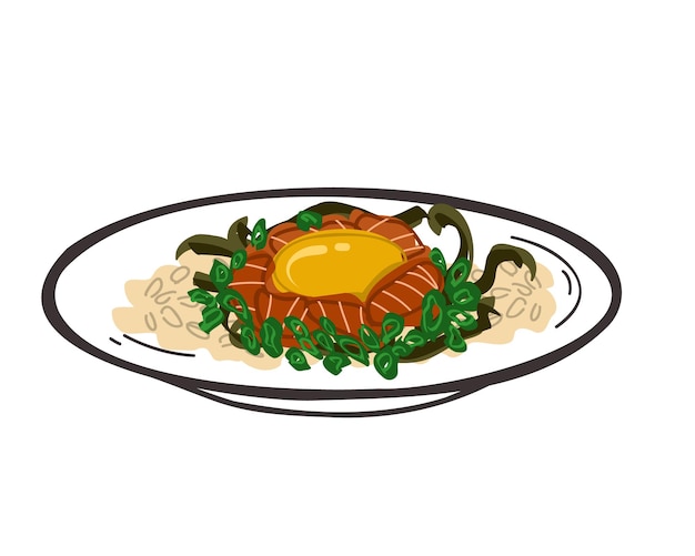 Yeoneojang. Poke de salmão marinado em soja com ovo fresco da fazenda. ilustração vetorial plana