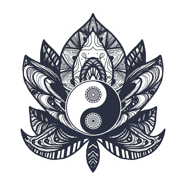 Yin e yang vintage em mandala lotus. símbolo do tao para impressão, tatuagem, livro para colorir, tecido, camiseta, ioga, henna, pano no estilo boho. mehndi, signo oculto e tribal, esotérico e alquimista. vetor