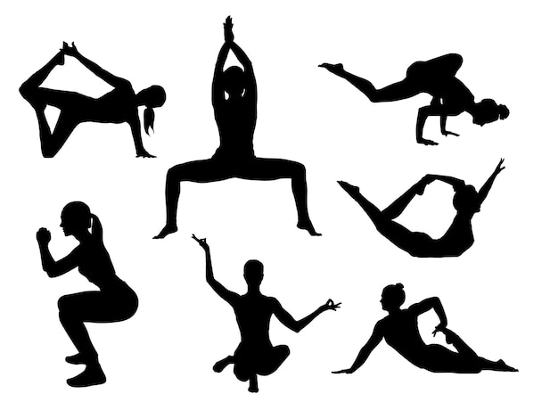 Yoga asana Conjunto de silhuetas femininas exercitando yoga Ilustração vetorial de esboço desenhada à mão