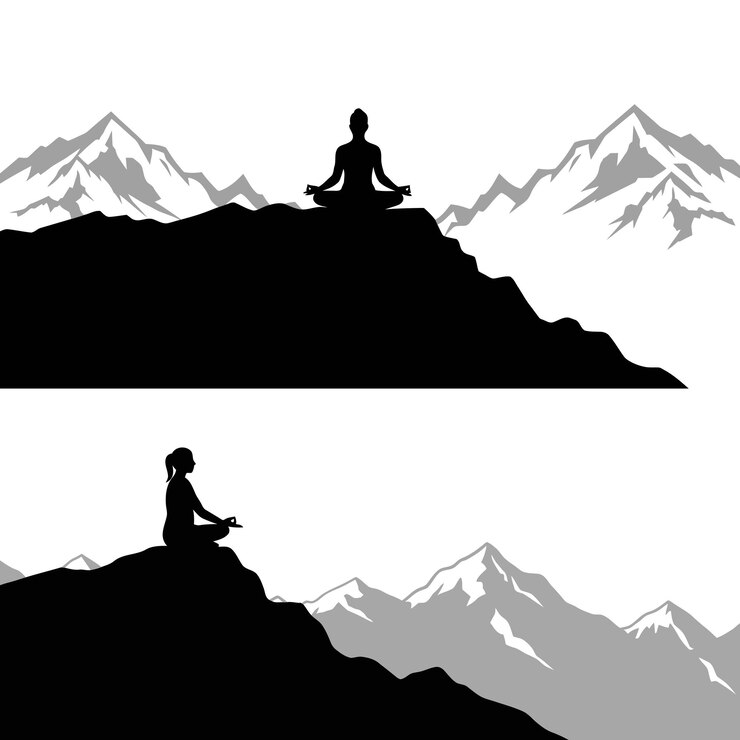 Vetor yoga e meditação nas montanhas encontrando paz e serenidade