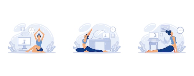 Yoga e meditação online. mulheres fazendo exercício em casa. atividade e relaxamento em casa, plano