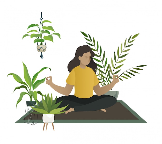 Yoga em casa. meditação da jovem mulher ou mãe feliz relaxar no conceito de estufa em casa jardim selva quarto