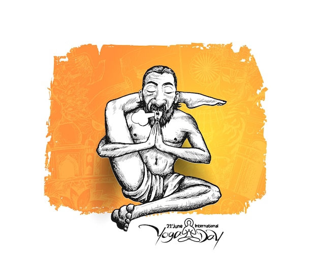 Yoga guru baba pose de ioga, dia internacional de ioga 21 de junho. mão draw sketch ilustração vetorial.