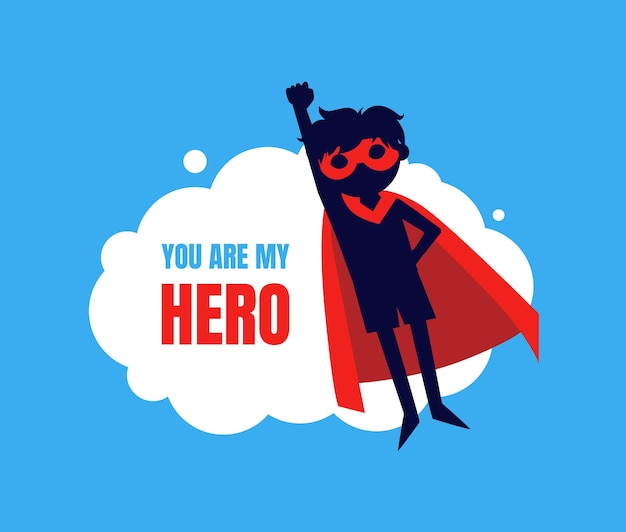 You my hero banner cute boy em traje e máscara de super-herói voando no céu ilustração vector web design