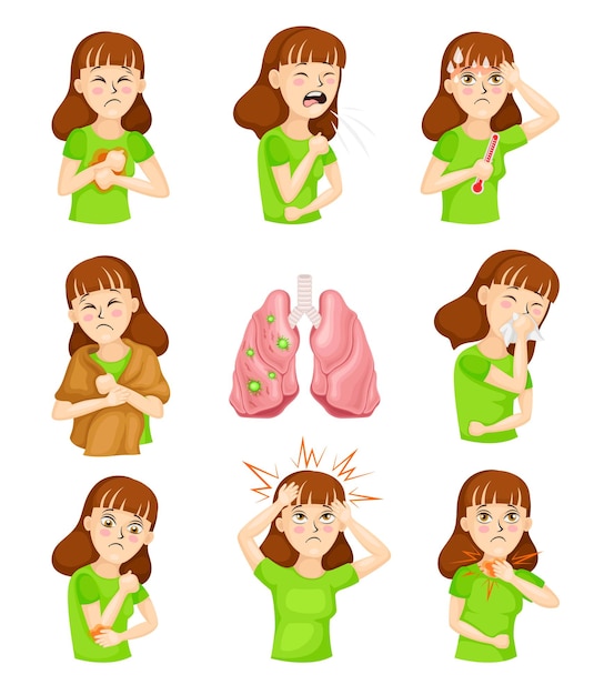 Vetor young woman suffering from coronavirus symptoms like cough and headache vector illustration