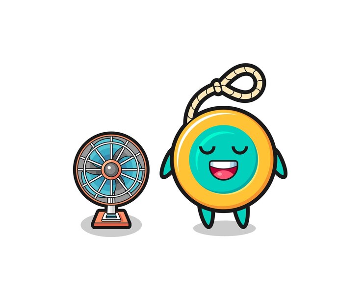 Vetor yoyo fofo está de pé na frente do ventilador