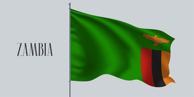 Zâmbia acenando uma bandeira na ilustração vetorial do mastro da bandeira. elemento de design verde vermelho da bandeira ondulada realista da zâmbia como um símbolo do país