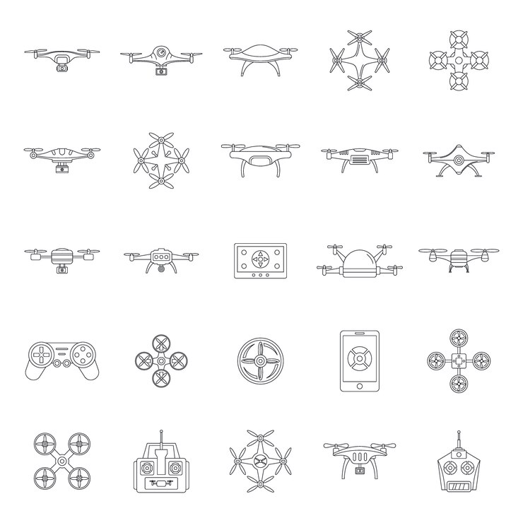 Vetor zangão, câmera, quadcopter, ícones, jogo