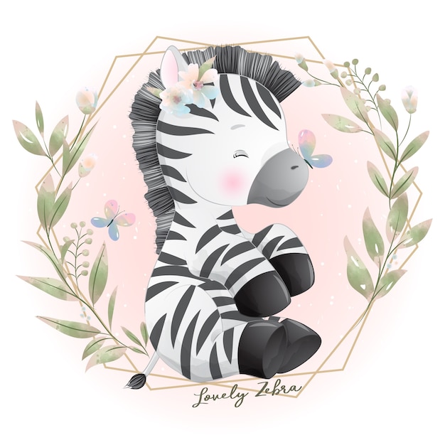 Zebra doodle fofinho com ilustração floral