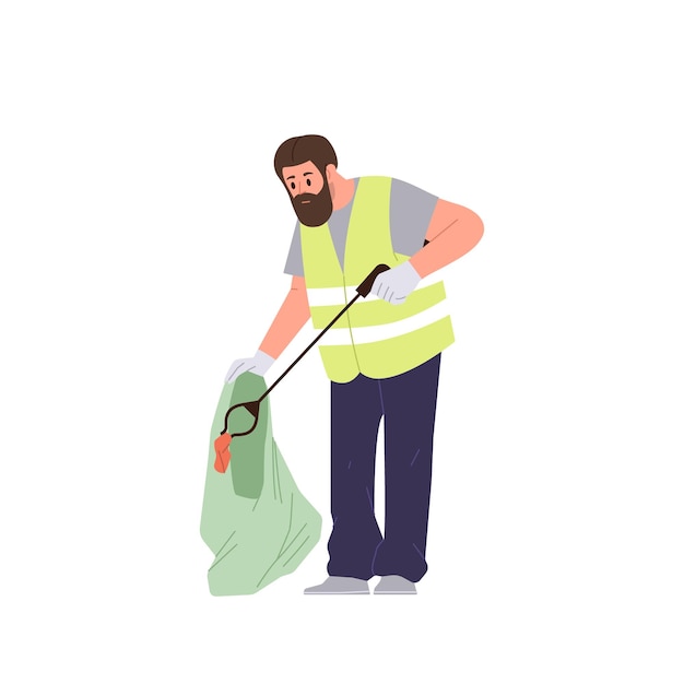 Vetor zelador masculino coletando e classificando resíduos de alimentos orgânicos para reciclagem isolados em fundo branco
