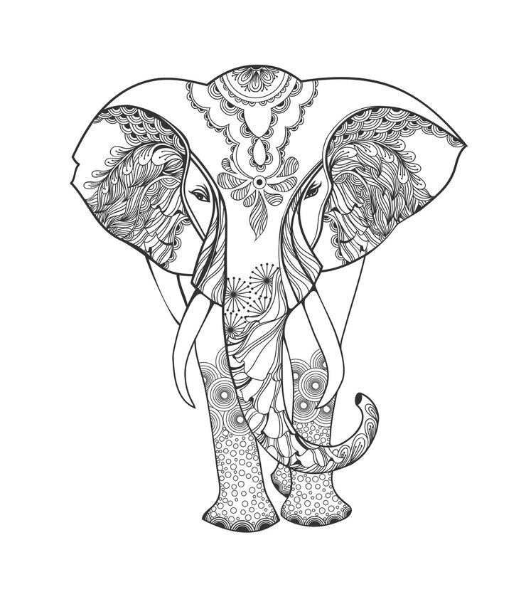 Vetor zentangle animal fantasia estilizada com elefante estampado mão desenhada isolada no fundo branco