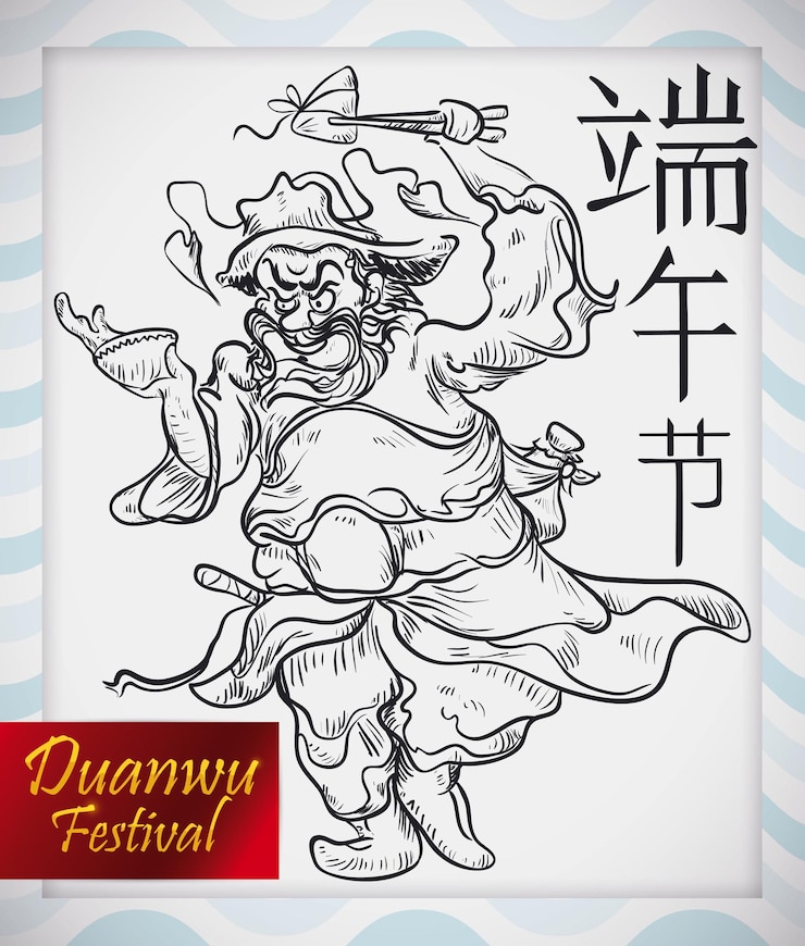 Vetor zhong kui comemorando o festival duanwu em estilo desenhado à mão