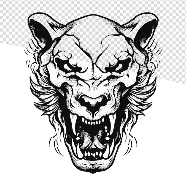 Zombie Lion Art BW HandDrawn Crânio Flash Tatuagem Vetor Doodle e Página para Colorir