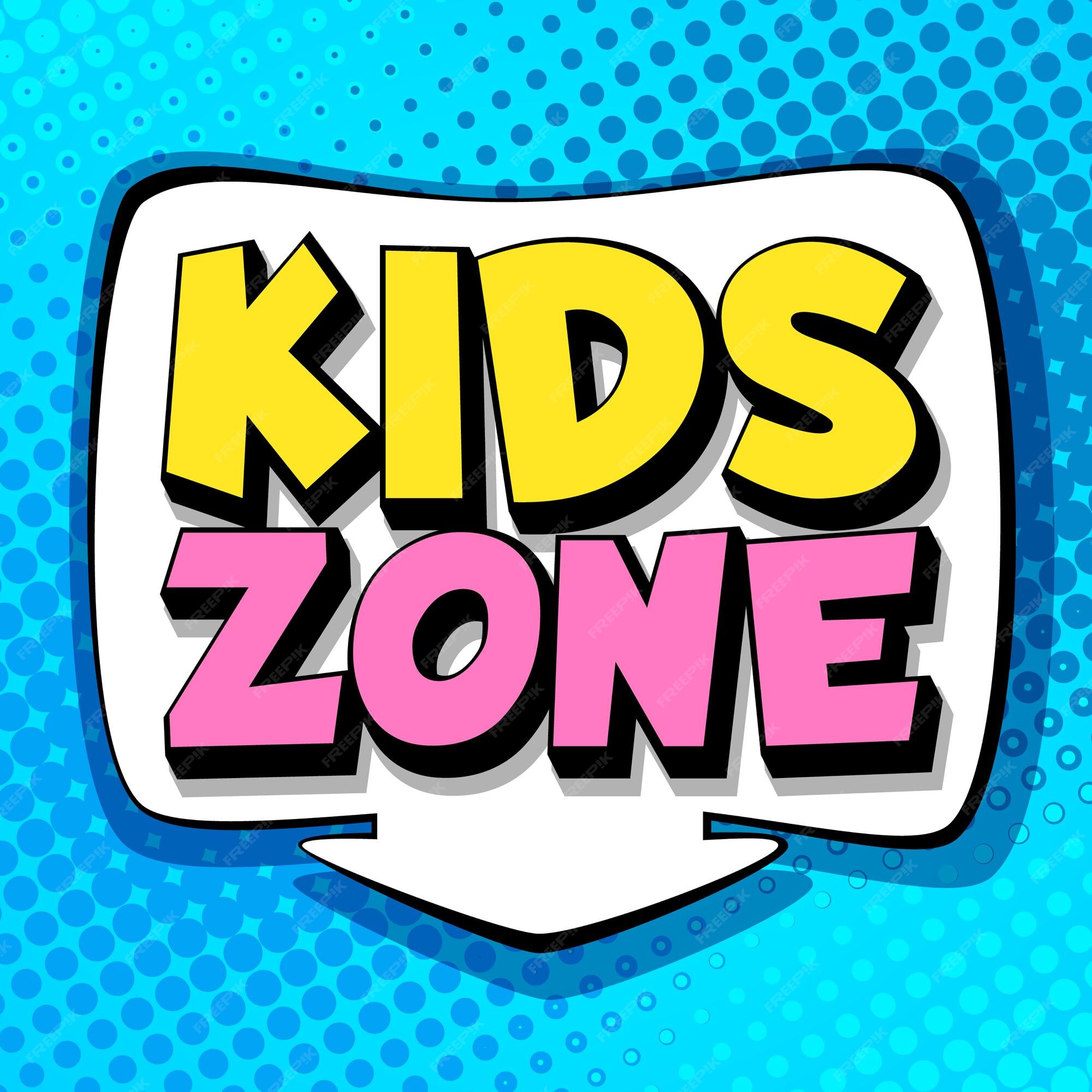 Sala de jogos para crianças logotipo dos desenhos animados do playground  zona infantil para banner de jogos meninos e meninas felizes com coelhinho  de pelúcia ou foguete de brinquedo criança segura chocalho