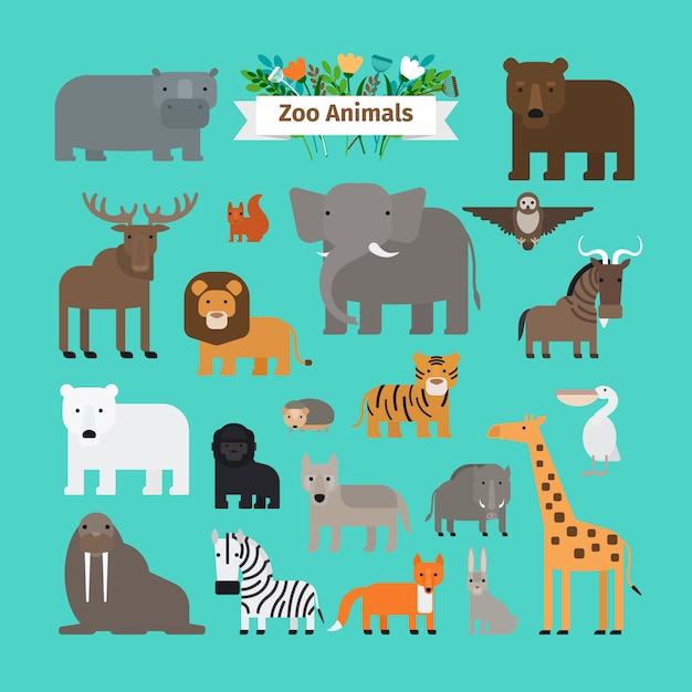 Vetor zoo animals flat design vetor ícones