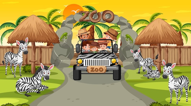 Zoo ao pôr do sol com muitas crianças assistindo o grupo de zebras