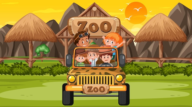 Zoo com cena do pôr do sol com muitas crianças em um carro jipe