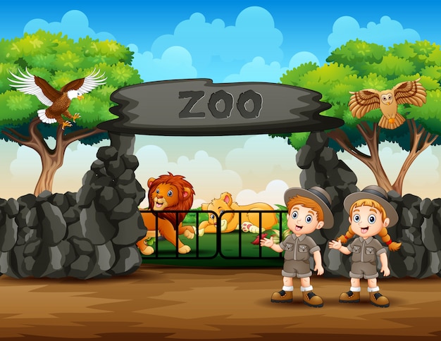 Zookeeper e animais selvagens na ilustração de entrada do zoológico