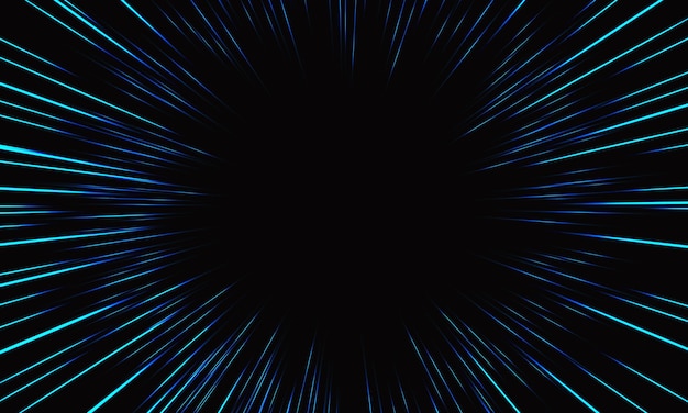 Zoom de velocidade da luz abstrato azul na ilustração vetorial de tecnologia de fundo preto.