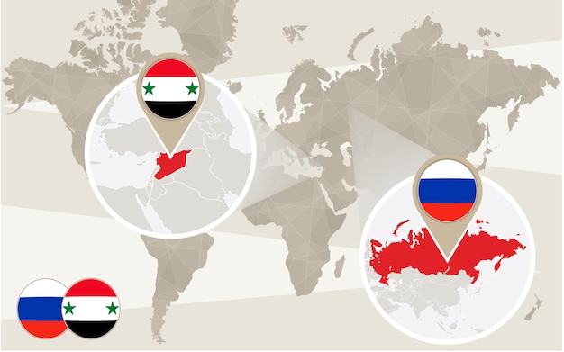 Zoom do mapa mundial na síria, rússia. conflito. ilustração vetorial.