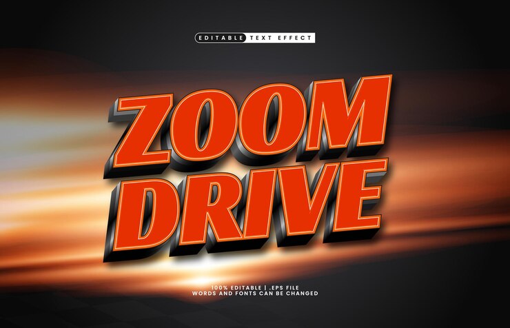 Vetor zoom drive efeito de texto editável com um tema de velocidade de corrida e campeão