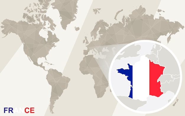 Zoom no mapa e na bandeira da frança. mapa mundial.