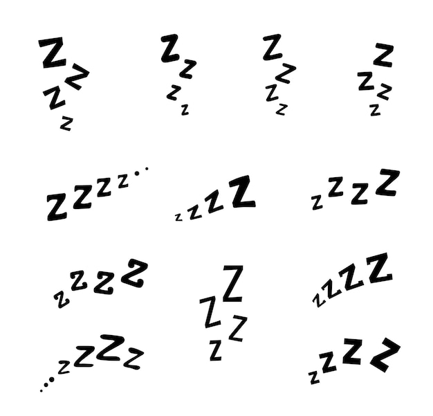 Vetor zzz zzzz doodle cama sono ronco ícones sinais vetoriais de sono de sono de sesta ou relaxe som efeitos sonoros de texto em quadrinhos com letras zzz apnéia ronco sono sonho cochilo ou símbolo isolado de sono