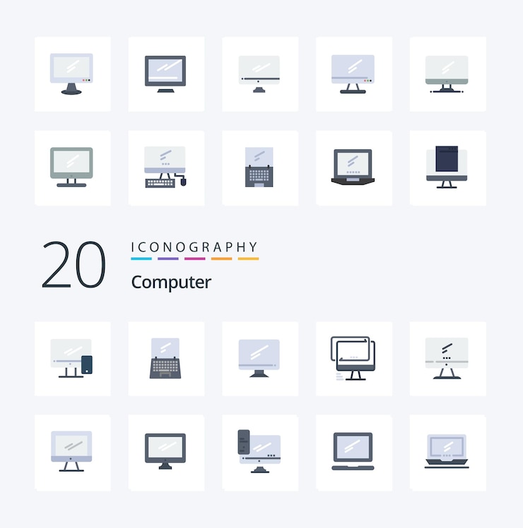 Vettore gratuito 20 computer flat color icon pack come dispositivo computer dispositivo server imac
