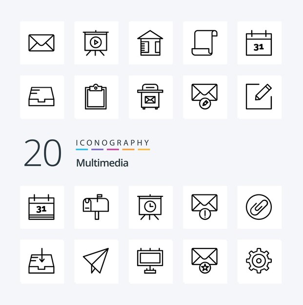20 Icona della linea multimediale Pack come data di posta in arrivo del documento di posta buffer