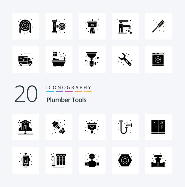 20 Idraulico Solid Glyph icon Pack come idraulico industriale lavandino di scarico idraulico