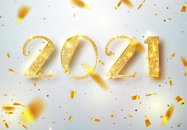 2021 Felice anno nuovo. Progettazione di numeri dell'oro della cartolina d'auguri di coriandoli lucenti che cadono. Modello oro brillante. Felice anno nuovo Banner con numeri 2021 su sfondo luminoso. illustrazione.