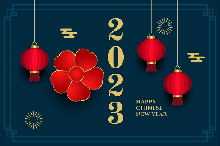 Vettore gratuito 2023 capodanno cinese sfondo con fiore rosso e lanterna