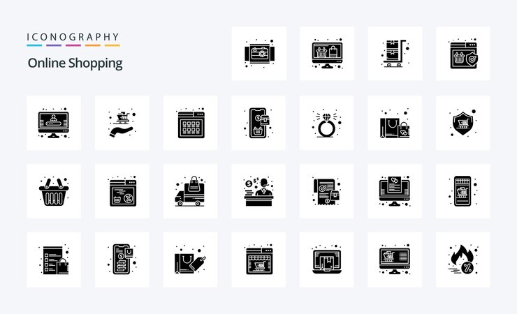Vettore gratuito 25 acquisti online solid glyph icon pack icone vettoriali illustrazione