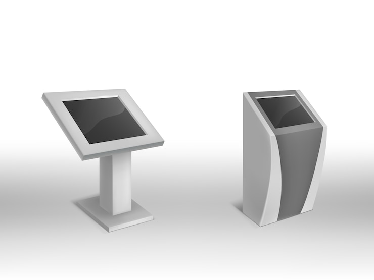 Vettore gratuito 3d chioschi informativi digitali realistici, segnaletica digitale interattiva con schermo vuoto.