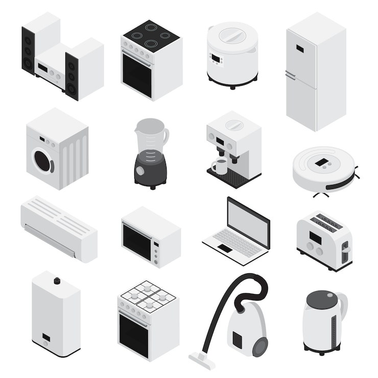 Vettore gratuito 3d isometrici elettrodomestici icona set piccoli elettrodomestici e grande bianco e isolato